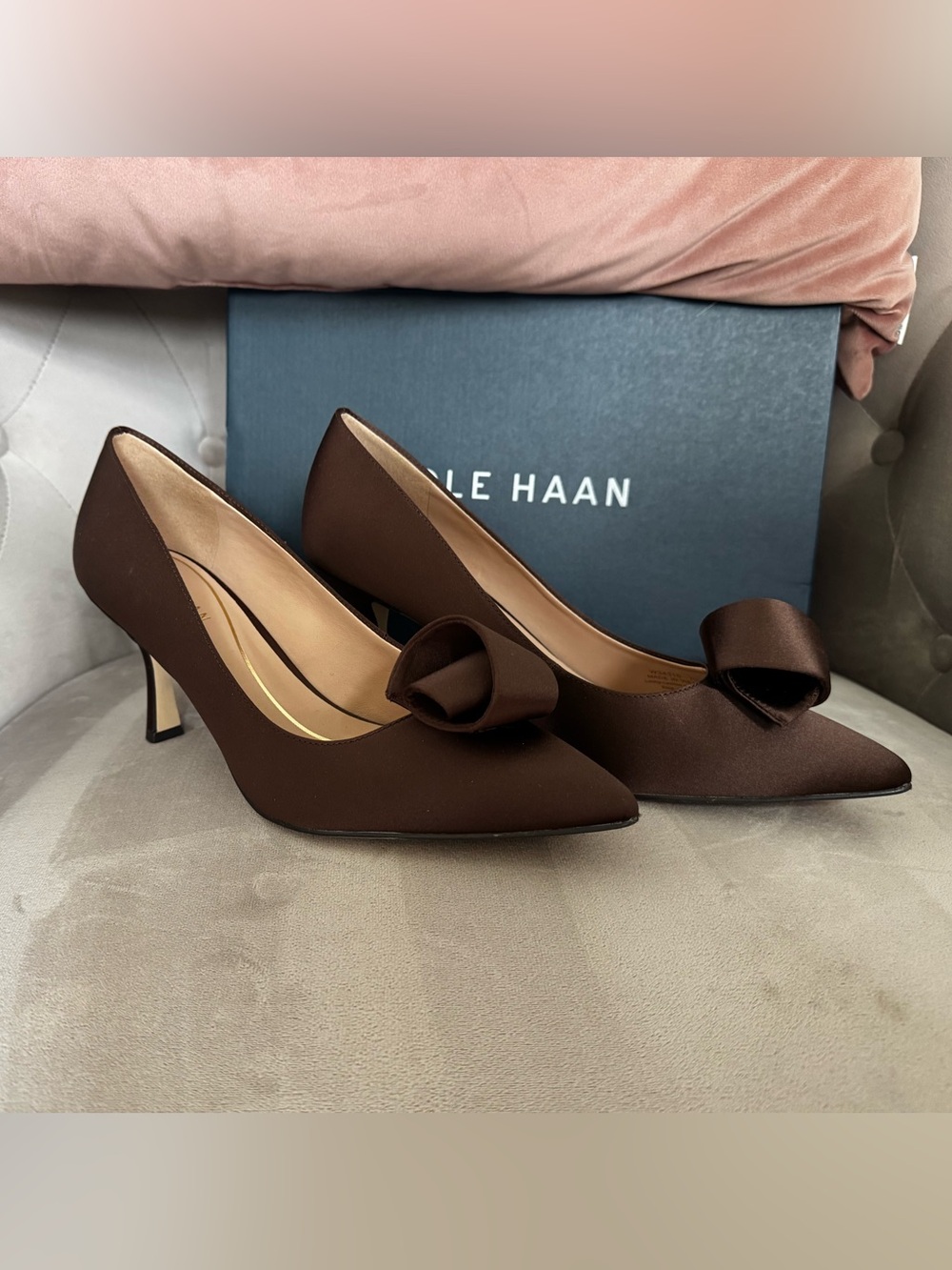 Cole Haan Dark Chocolate Brown Satin Pointed-Toe Bow “Florette” Pumps 7.5